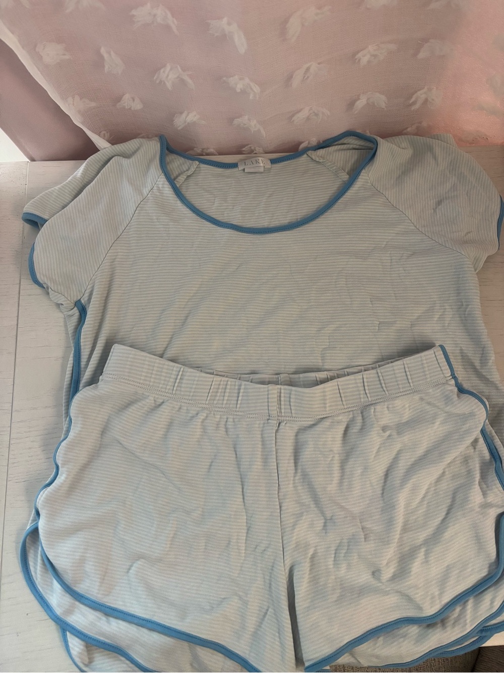 LAKE Light Blue Striped Short Pajama Set with Blue Trim XS